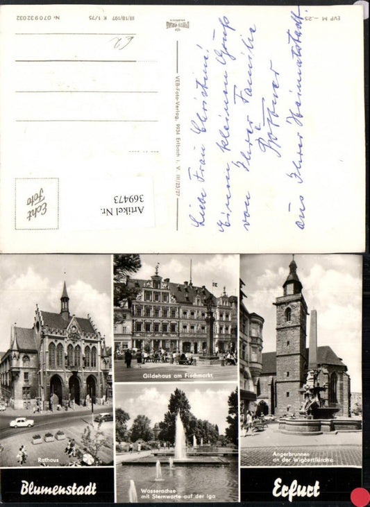 369473, Erfurt Town Hall Guildhall at the Fish Market Water Axis Fountain Church Multi-view postcard