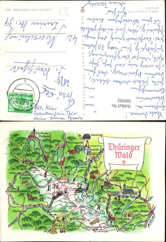 369502, Artist AK Thuringian Forest Map Oberhof Suhl Ilmenau Tambach-Dietharz pub VEB