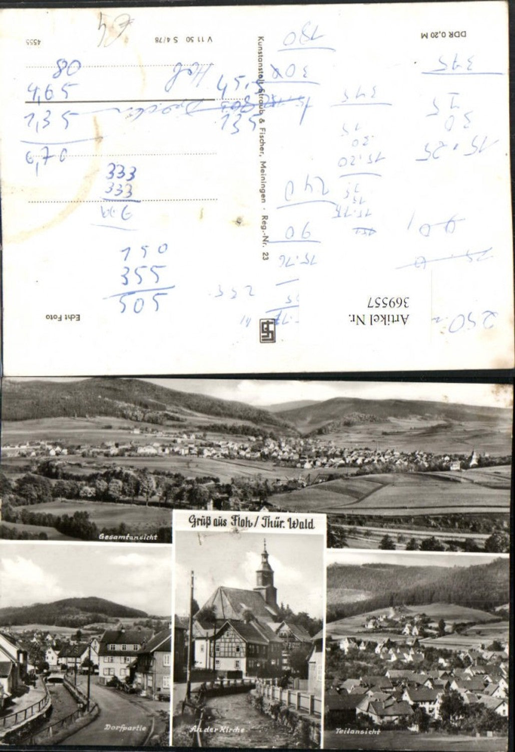 369557, Greetings from Floh, Total Church Village Scene, Multi-view Postcard