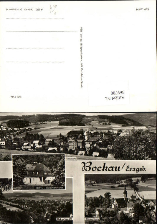 369700,Bockau im Erzgebirge Totale Kirche Rechenhaus Mehrbildkarte pub VEB