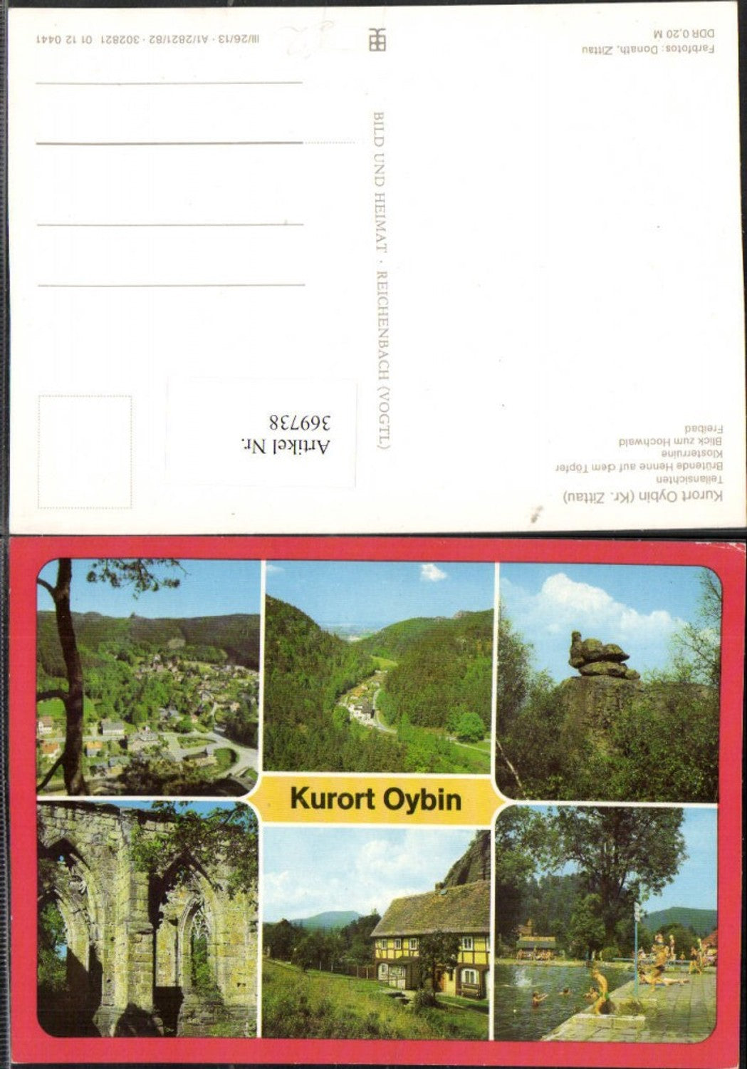 369738,Oybin Teilansicht Klosterruine Freibad Brütende Henne Felsen Mehrbildkarte