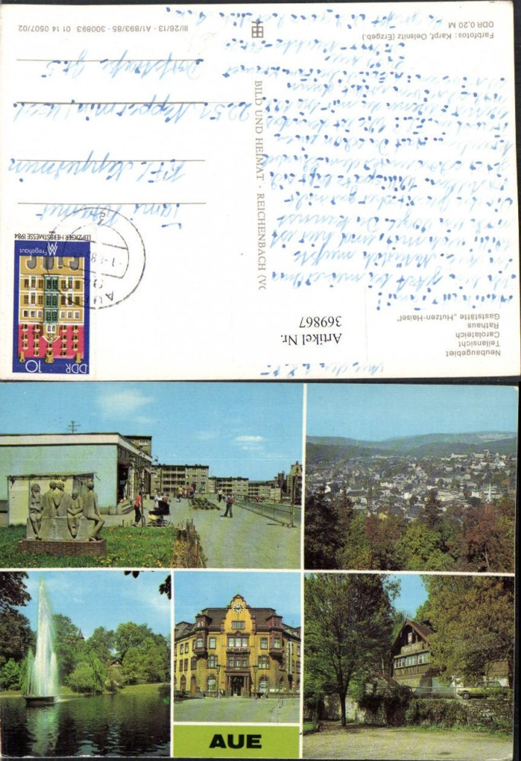 369867,Aue Totale Carolateich Fontäne Rathaus Gaststätte Hutzen-Haisel Mehrbildkarte