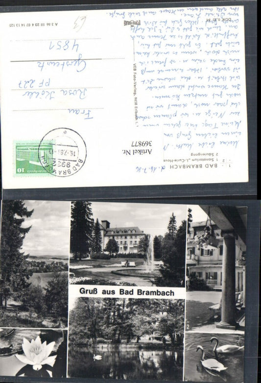 369877,Bad Brambach Sanatorium Curie-Haus Säulengang Schwäne Mehrbildkarte