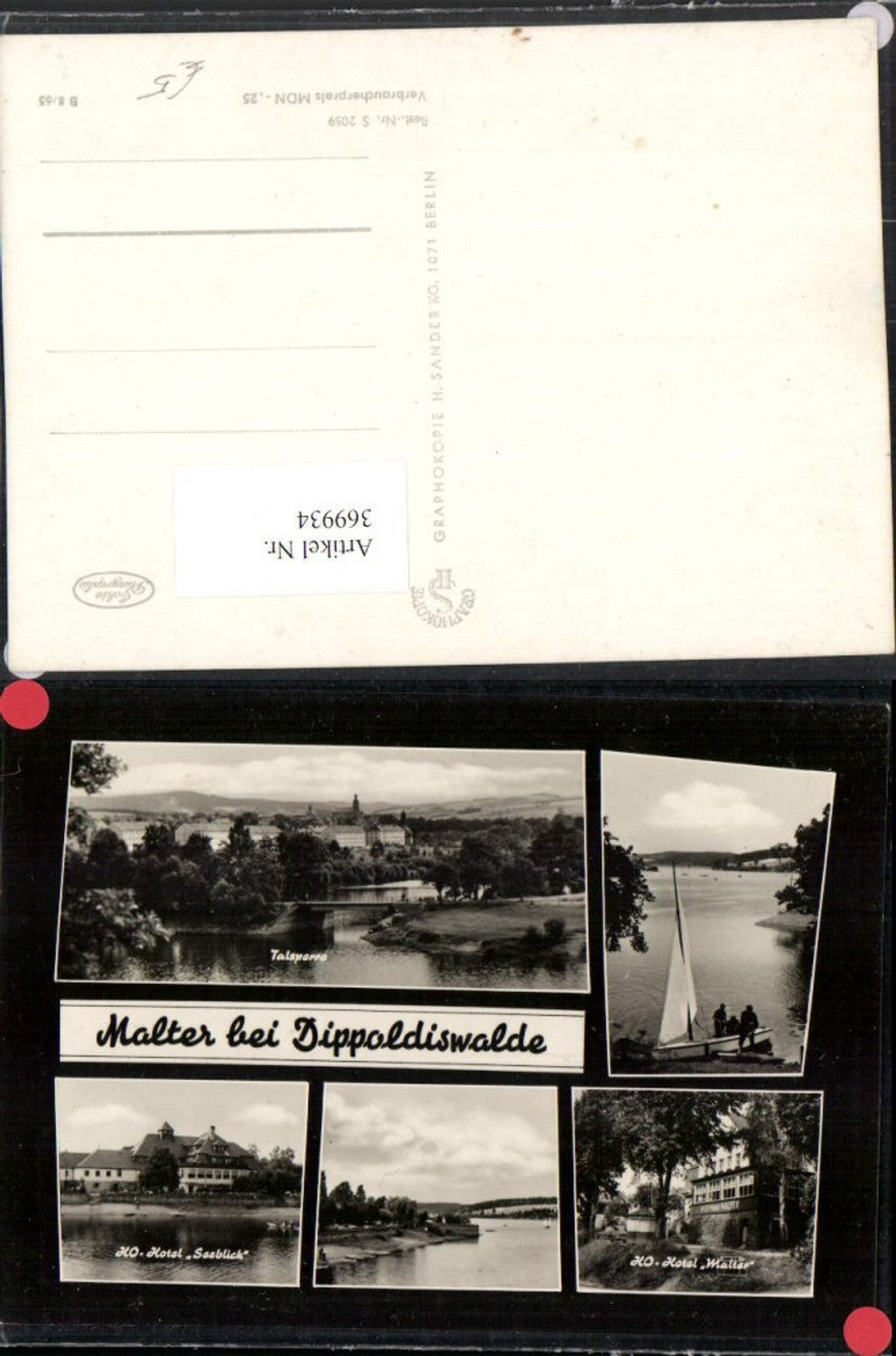 369934,Malter b. Dippoldiswalde Talsperre Hotel Seeblick Segelboot Mehrbildkarte