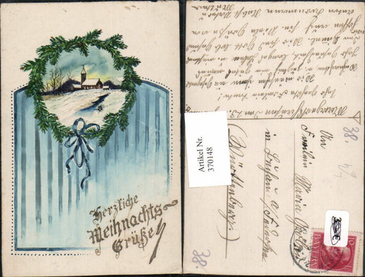 370148,Künstler Litho Weihnachten Winterlandschaft Kirche Passepartout Tannenzweige Schleife