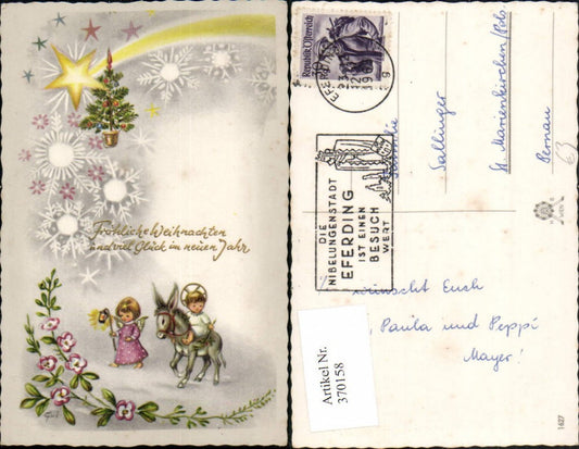 370158,Künstler AK Weihnachten Christkind Jesuskind Esel Sternschnuppe Schneeflocken