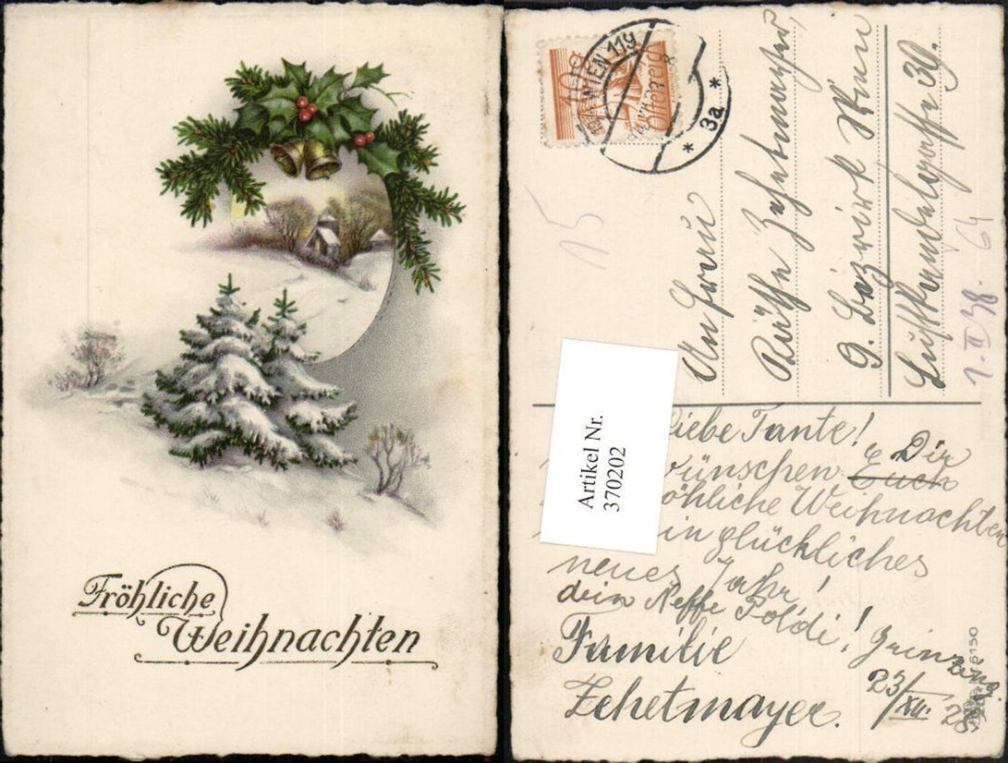 370202,Künstler AK Weihnachten Winterlandschaft Tannenzweig Stechpalme Glocken pub Erika 6150
