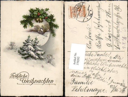 370202,Künstler AK Weihnachten Winterlandschaft Tannenzweig Stechpalme Glocken pub Erika 6150