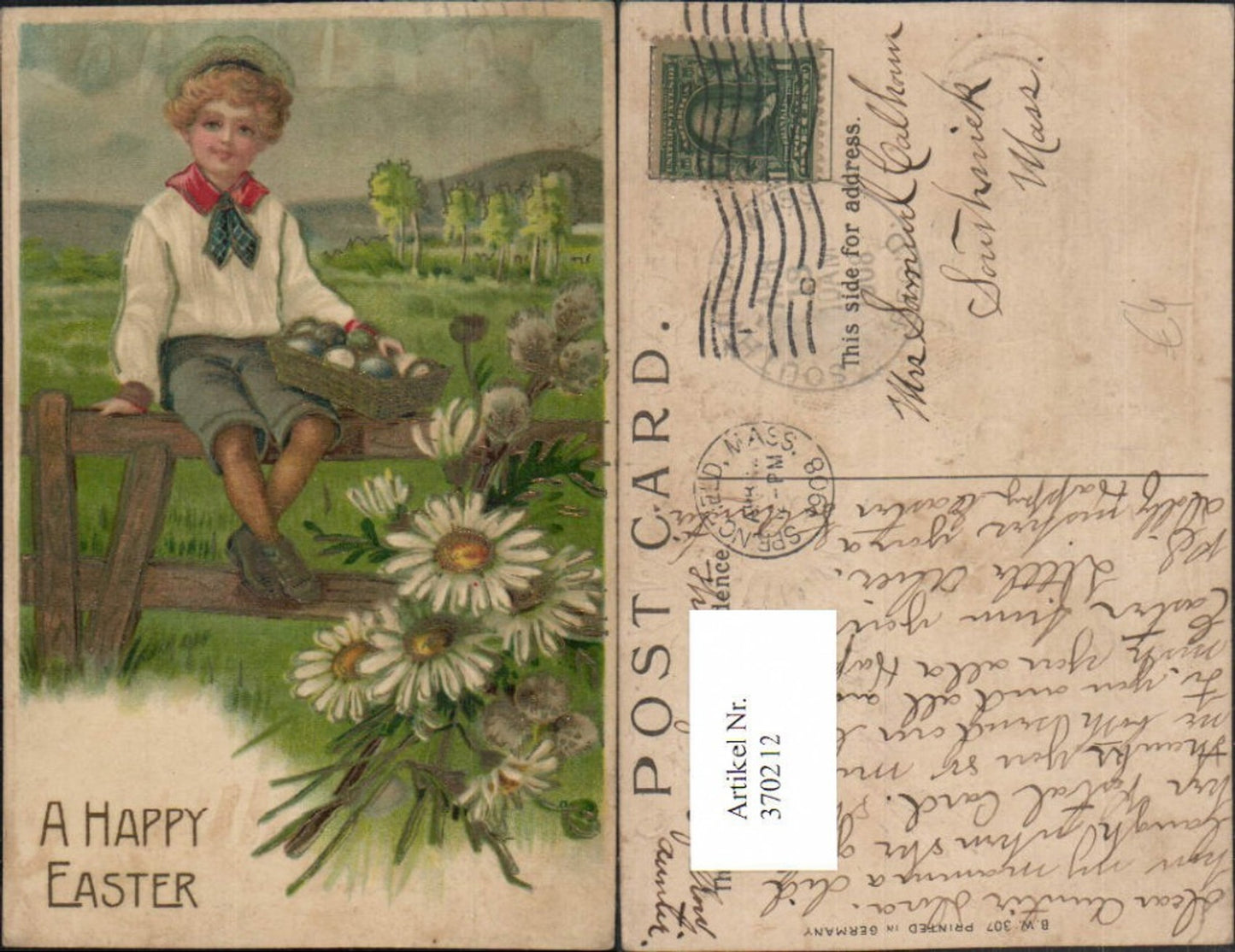 370212, embossed artist postcard, Easter boy with hat, basket, Easter eggs, daisies, pussy willows