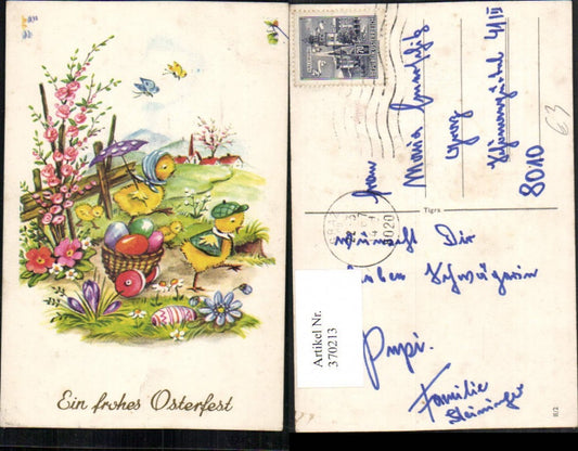 370213, Artist AK Easter Landscape Chick anthropomorphized Basket Easter eggs Flowers