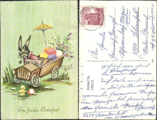 370215, Artist AK Easter bunny anthropomorphized whistle automobile Easter eggs umbrella chick