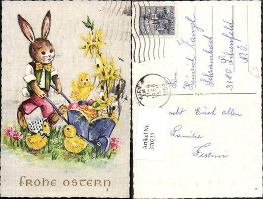 370217, Artist AK Easter bunny anthropomorphized wheelbarrow chick Easter eggs