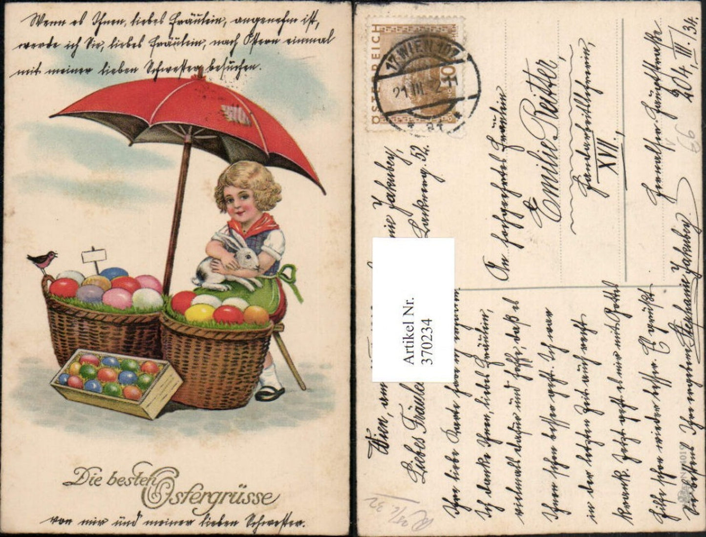 370234, Artist AK Easter Girl with Rabbit Baskets Easter Egg Sale Umbrella pub Erika 4019