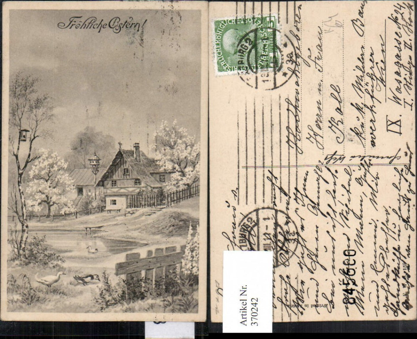 370242,Künstler AK Ostern Landschaft Haus Enten