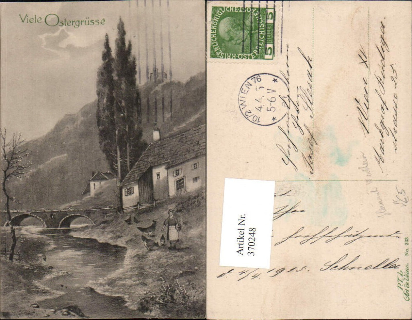 370248, Artist AK Heinrich Wertheim Easter Landscape Houses Bridge pub PTL Art de Vienne 233