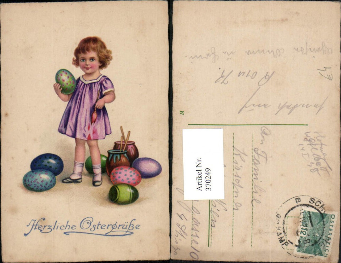 370249, Artist AK Easter Girl in dress Painting eggs Easter eggs Brush