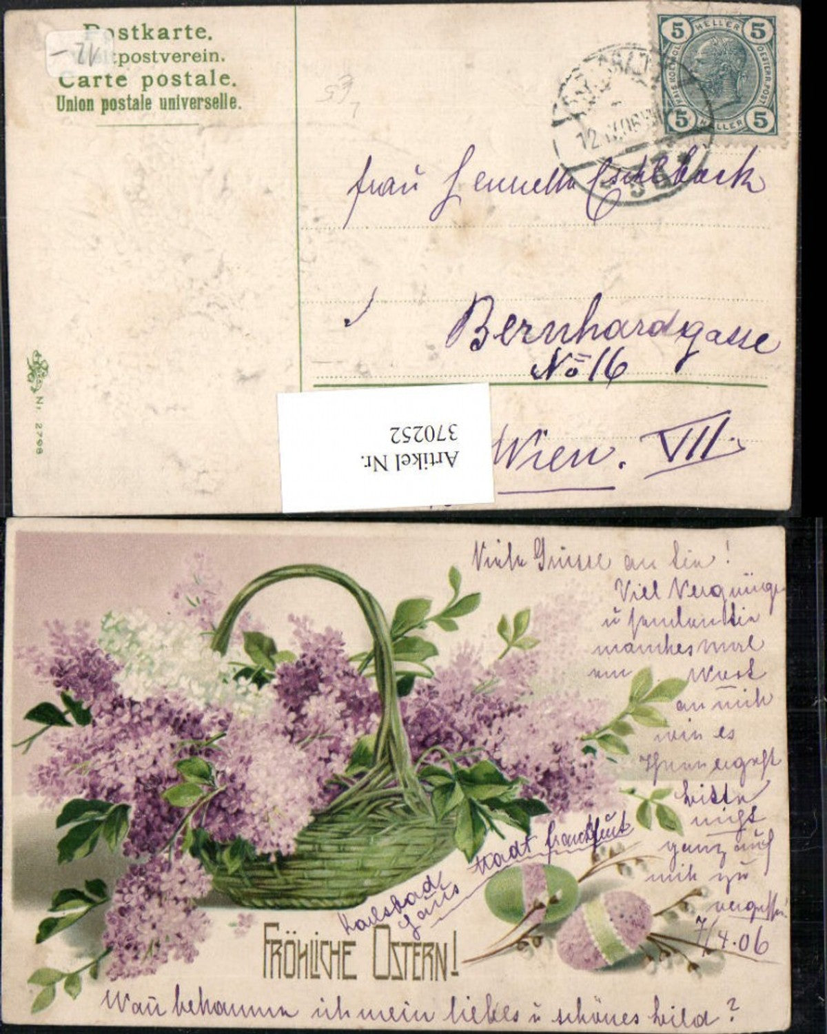 370252, Embosser Lithograph Easter Basket Flowers Lilac Easter Eggs