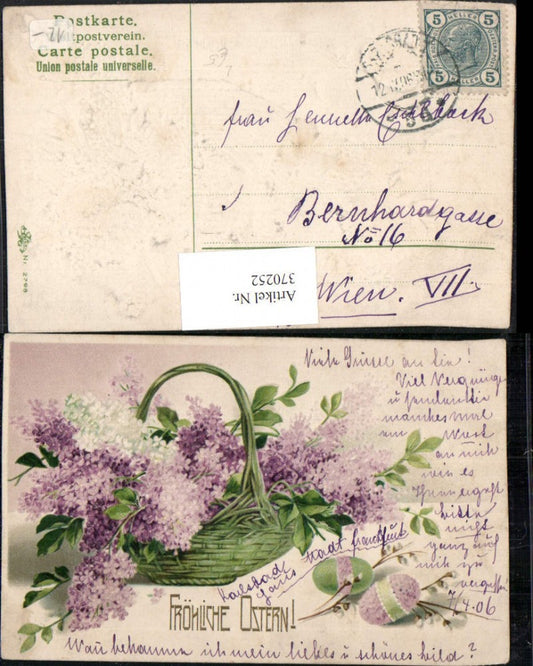 370252, Embosser Lithograph Easter Basket Flowers Lilac Easter Eggs