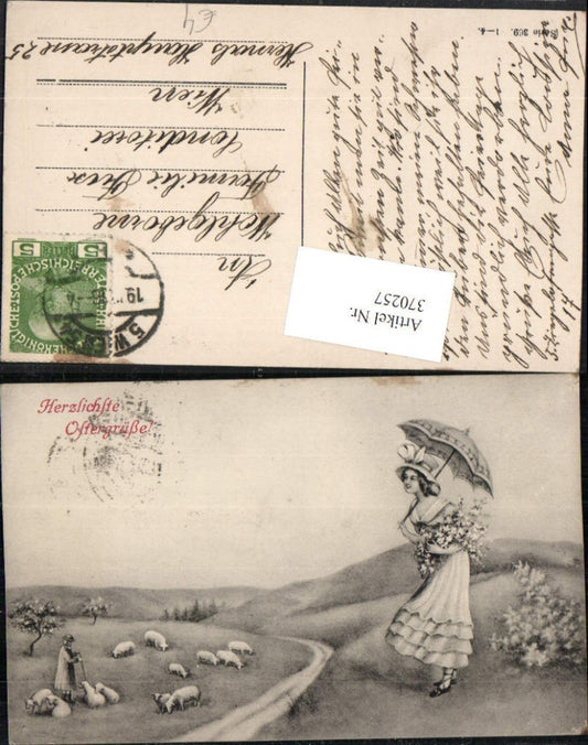 370257, Artist AK Easter Landscape Woman with Hat Dress Parasol Shepherd Sheep