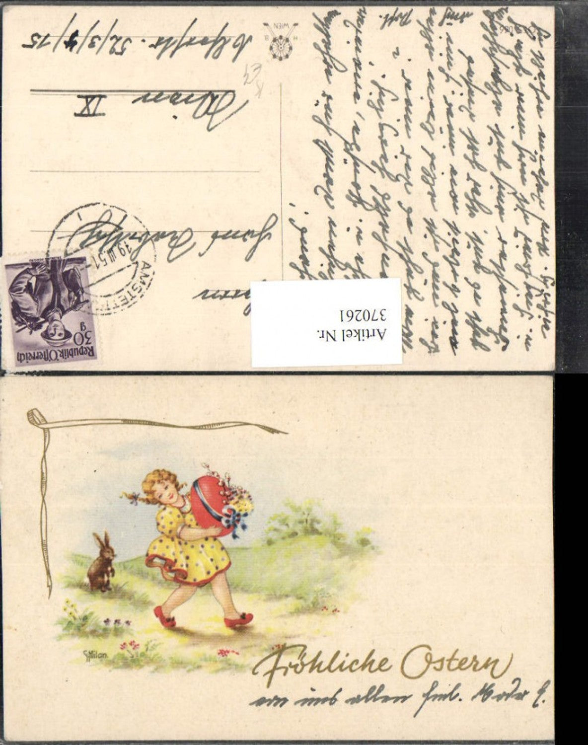 370261, Artist AK G. Milan Easter Landscape Girl with Dress Easter Egg Rabbit