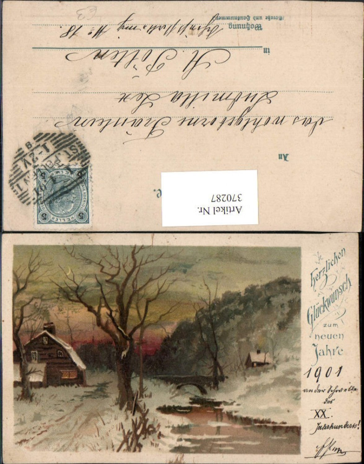 370287,Künstler Litho Neujahr Winterlandschaft Häuser Brücke