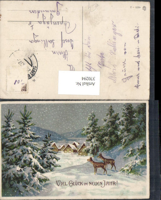 370294,Künstler AK Neujahr Winterlandschaft Häuser Rehe