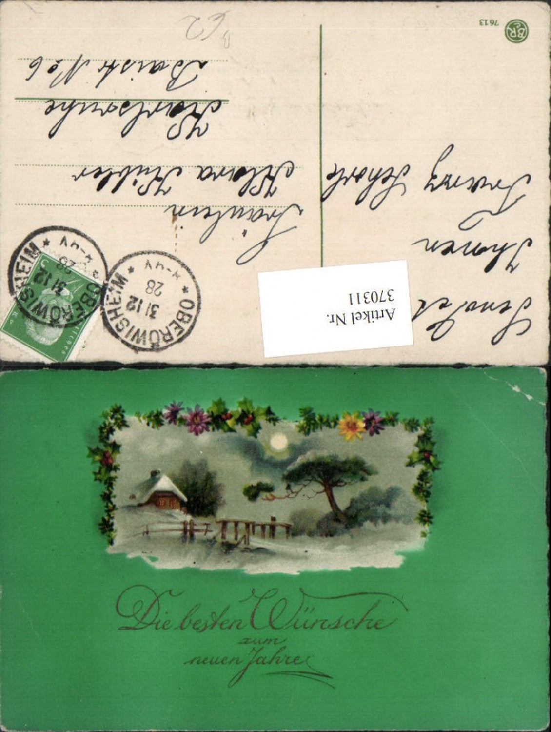 370311,Künstler AK Neujahr Winterlandschaft Haus Mondschein Passepartout Blumen