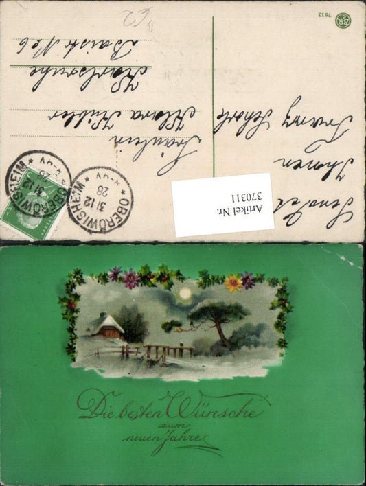 370311,Künstler AK Neujahr Winterlandschaft Haus Mondschein Passepartout Blumen