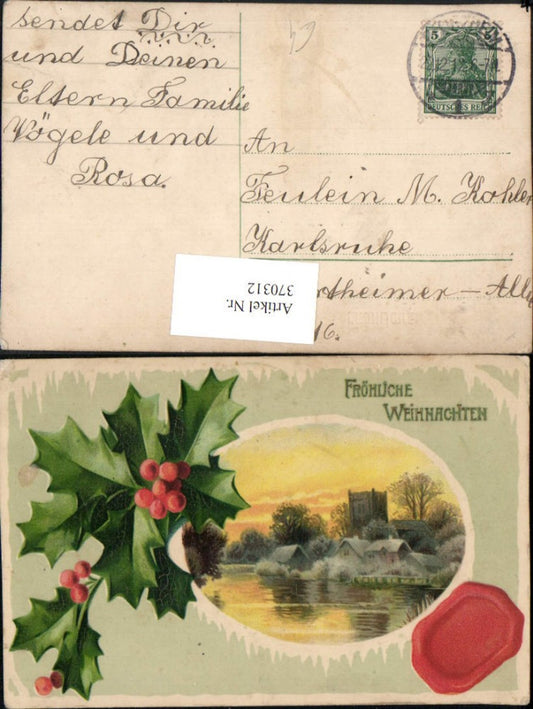 370312,Künstler AK Neujahr Landschaft Kirche Passepartout Stechpalme