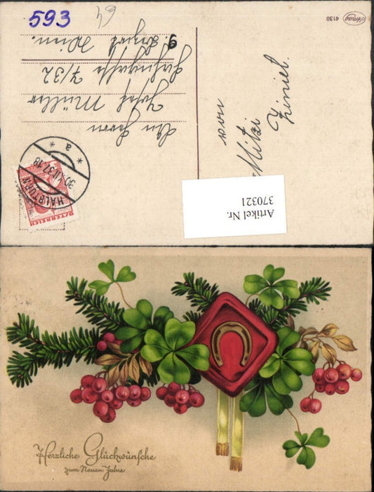 370321,Künstler AK Neujahr Hufeisen Siegel Tannenzweig Kleeblätter Klee Beeren