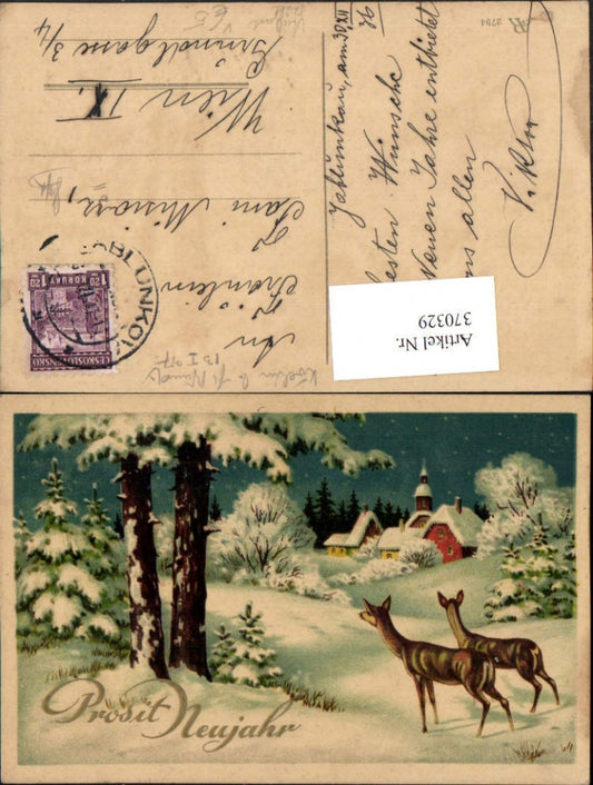 370329,Künstler AK Neujahr Winterlandschaft Dorf Rehe pub August Rökl 2794