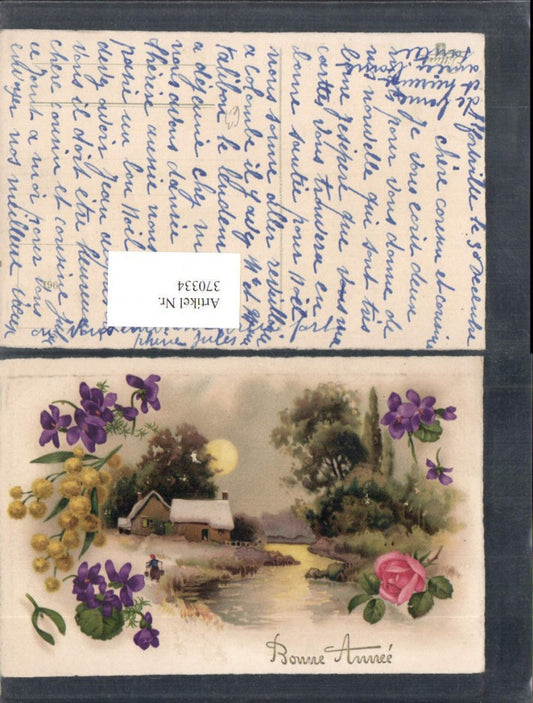 370334,Künstler AK Neujahr Winterlandschaft Fluss Haus Veilchen Goldbällchen Rose