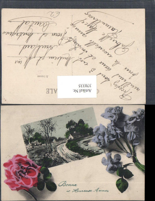 370335,Künstler AK Neujahr Landschaft Passepartout Blumen Rose Veilchen