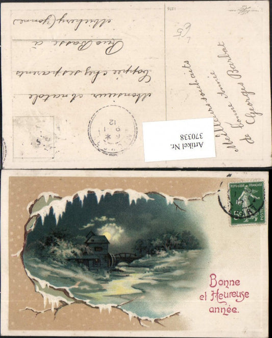 370338,Präge Litho Neujahr Winterlandschaft Wassermühle Mühle Mondschein