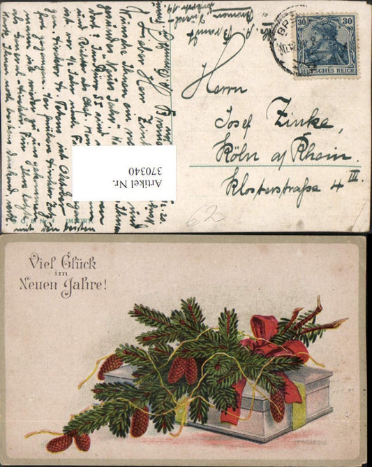 370340,Neujahr Tannenzweige Zapfen Schleife Schachtel