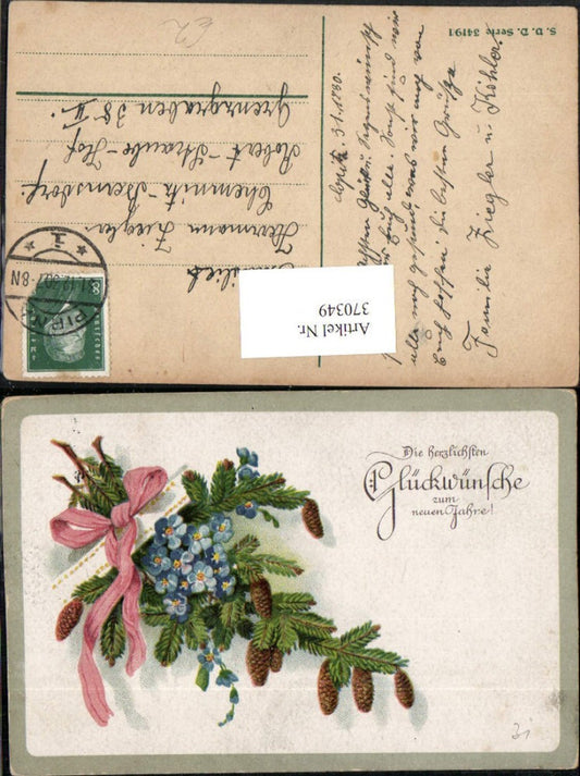 370349,Künstler AK Neujahr Tannenzweige Zapfen Blumen Schleife