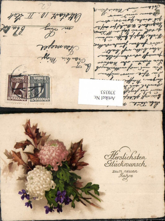370353,Künstler AK Neujahr Eichenblätter Chrysanthemen Veilchen Blumen