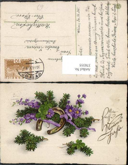 370355,Künstler AK Neujahr Tannenzweige Hufeisen Kleeblätter Klee Blumen