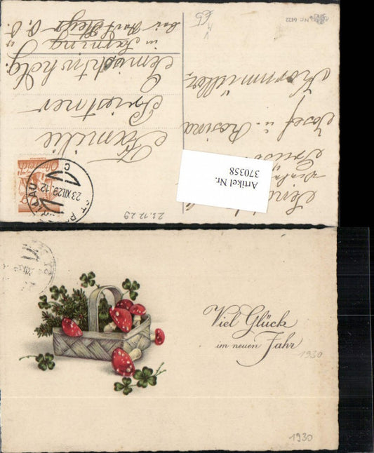 370358,Künstler AK Neujahr Korb Pilze Fliegenpilze Klee Kleeblätter pub Erika 6422