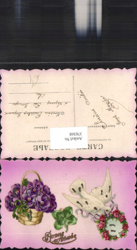 370368,Reliefkarte Neujahr Taube Rosenkranz Blumen Veilchen Kleeblatt Klee