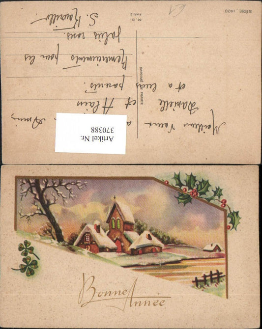 370388,Künstler AK Neujahr Winterlandschaft Kirche Passepartout Stechpalme Klee