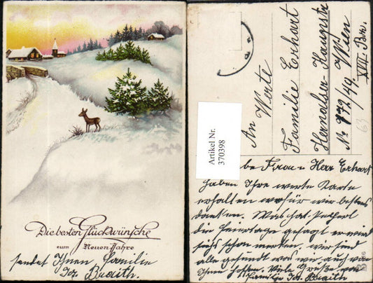 370398,Künstler AK Neujahr Winterlandschaft Reh Häuser Kirche