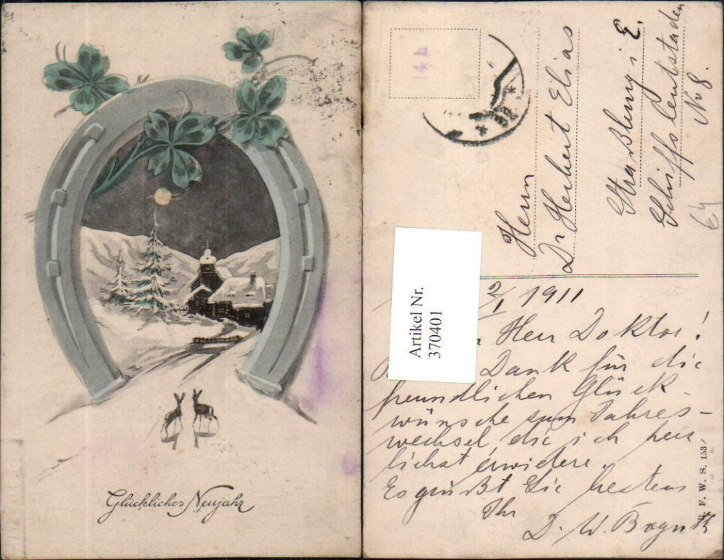370401,Künstler AK Neujahr Winterlandschaft Dorf Mondschein Passepartout Hufeisen