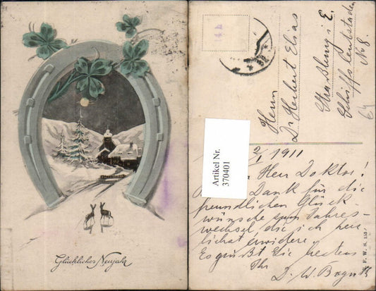 370401,Künstler AK Neujahr Winterlandschaft Dorf Mondschein Passepartout Hufeisen