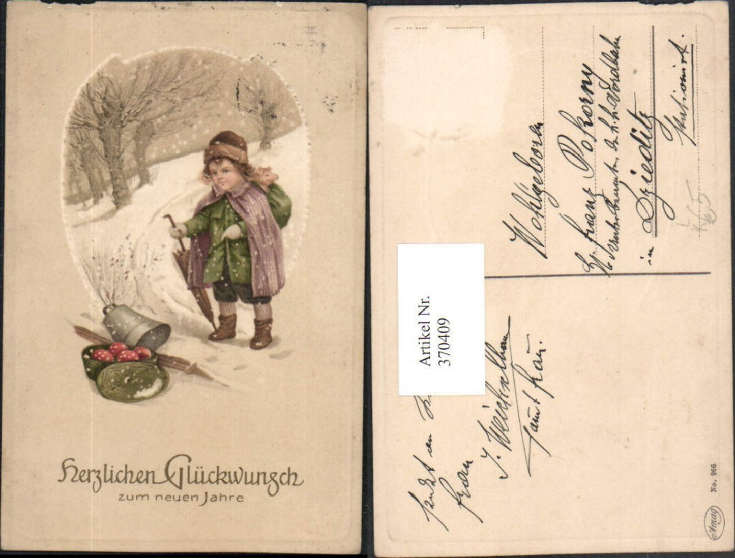 370409,Künstler Litho Neujahr Winterlandschaft Kind m. Haube Schirm Glocke Pilze