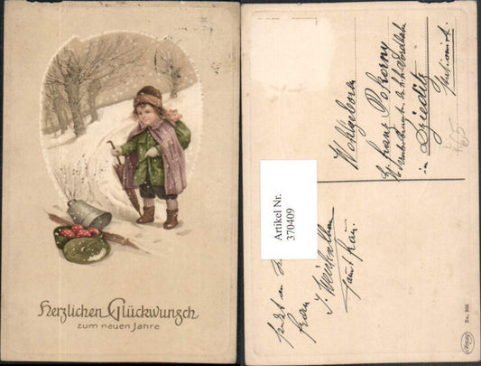 370409,Künstler Litho Neujahr Winterlandschaft Kind m. Haube Schirm Glocke Pilze
