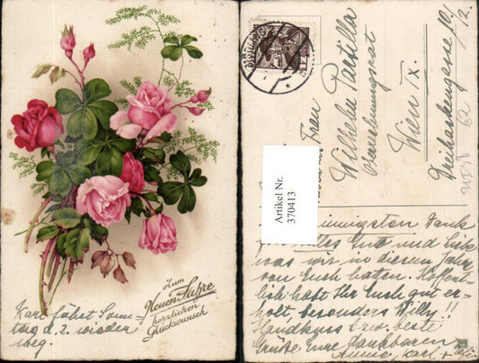 370413,Künstler AK Neujahr Blumenstrauß Rosen Kleeblätter Klee