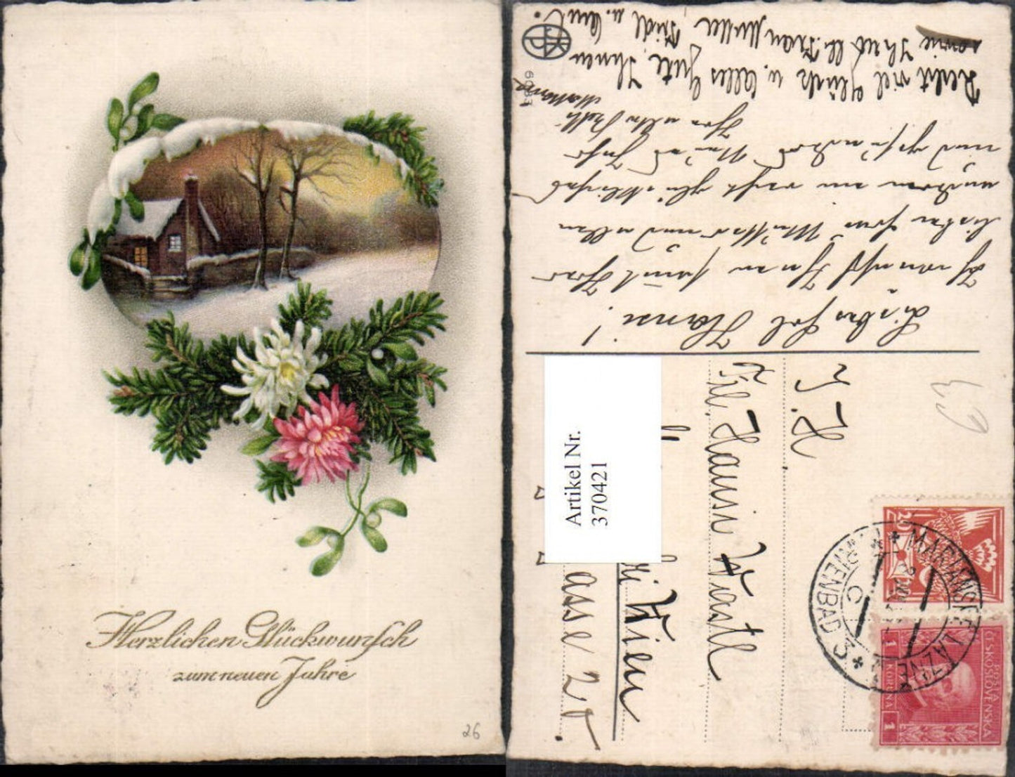 370421,Künstler AK Neujahr Winterlandschaft Passepartout Tannenzweige Chrysanthemen