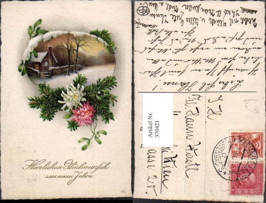 370421,Künstler AK Neujahr Winterlandschaft Passepartout Tannenzweige Chrysanthemen