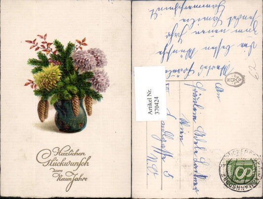 370424,Künstler AK Neujahr Vase Tannenzweige Chrysanthemen Zapfen